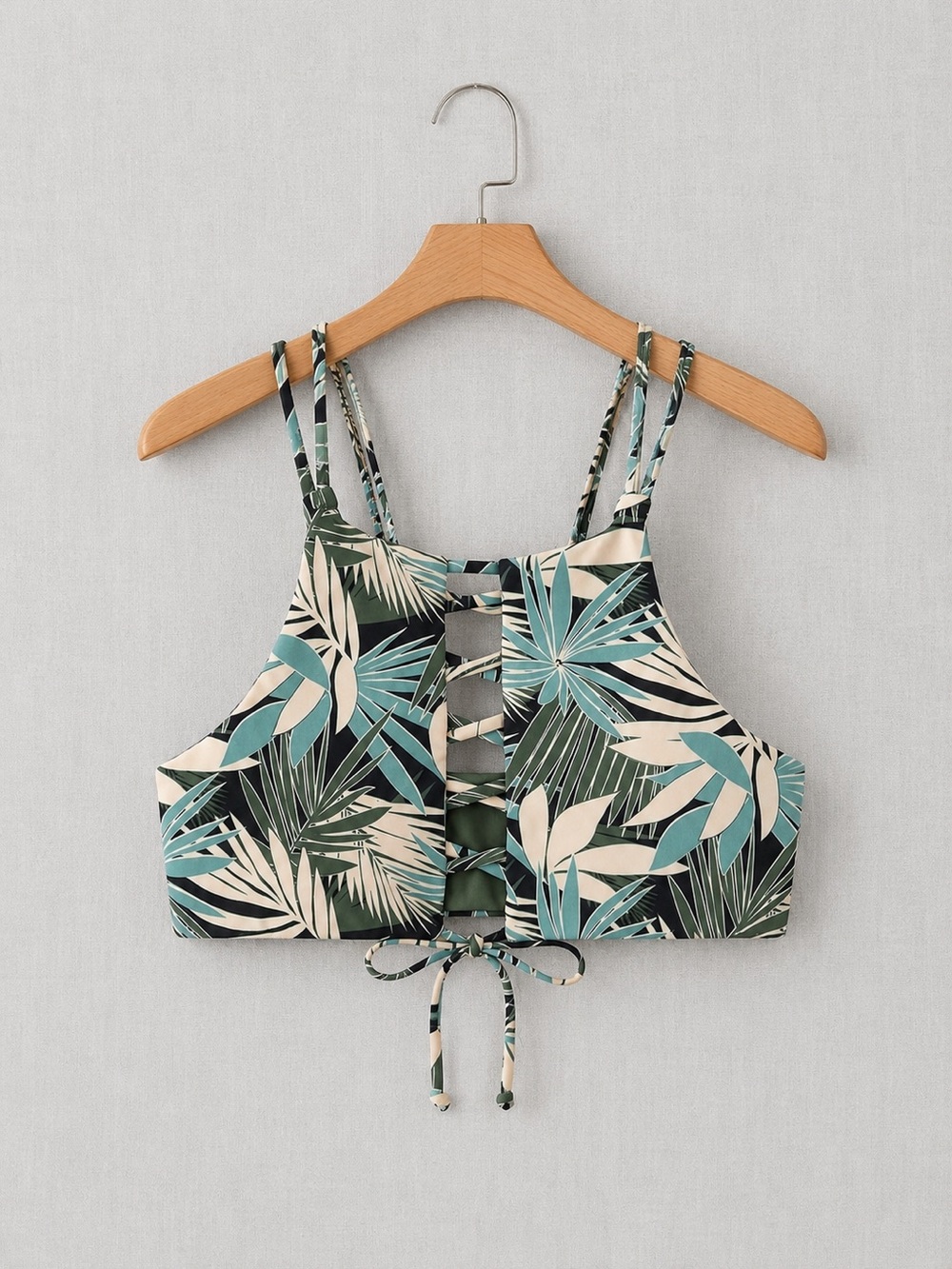 Roxy Tropical Leaf High Neck Bikini Top - Black, Cream, Teal, Olive